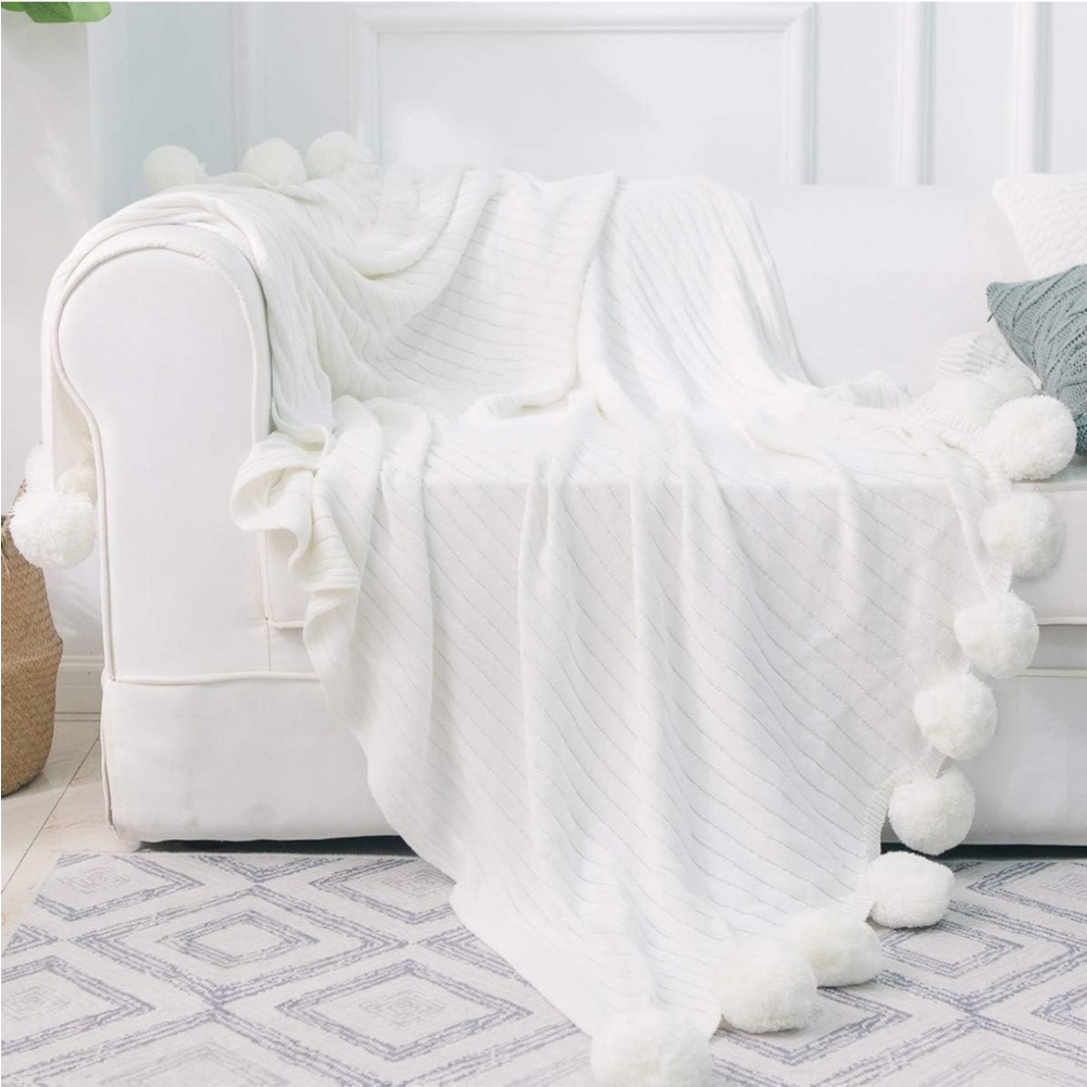 🔥White DOKOT Knitted Throw Blanket with Pom Poms Cotton for Sofa/Bedding